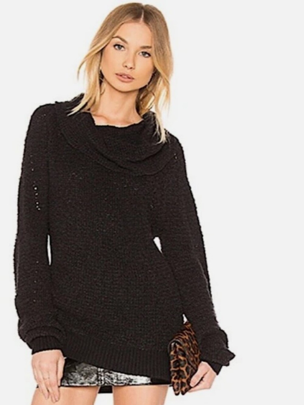 Free People Black Cowl-Neck Knit Sweater